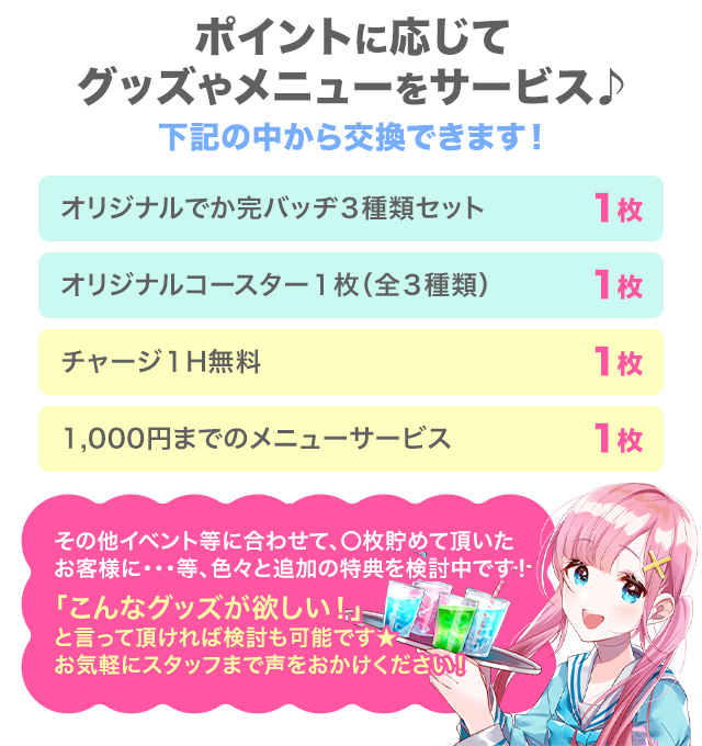 ポイントに応じてグッズやメニューをサービス